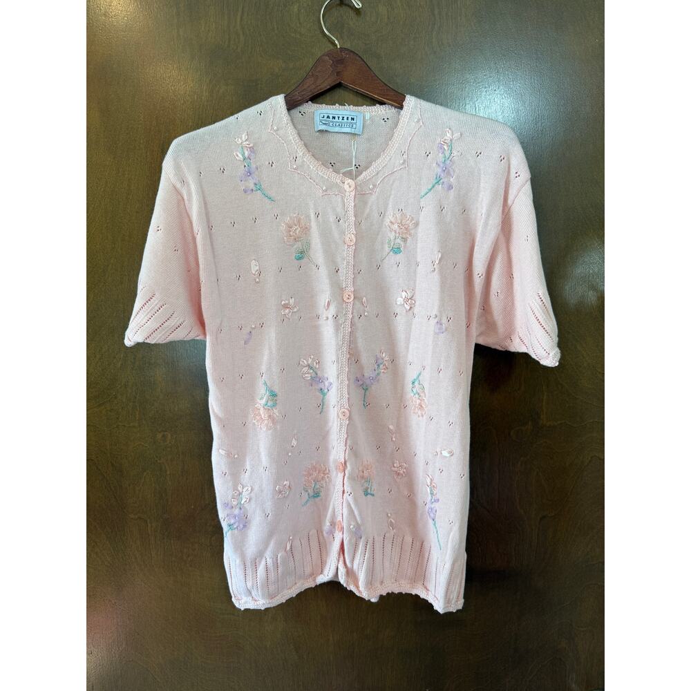1980s Jantzen Embroidered Flower and Pearl short sleeved knit button down